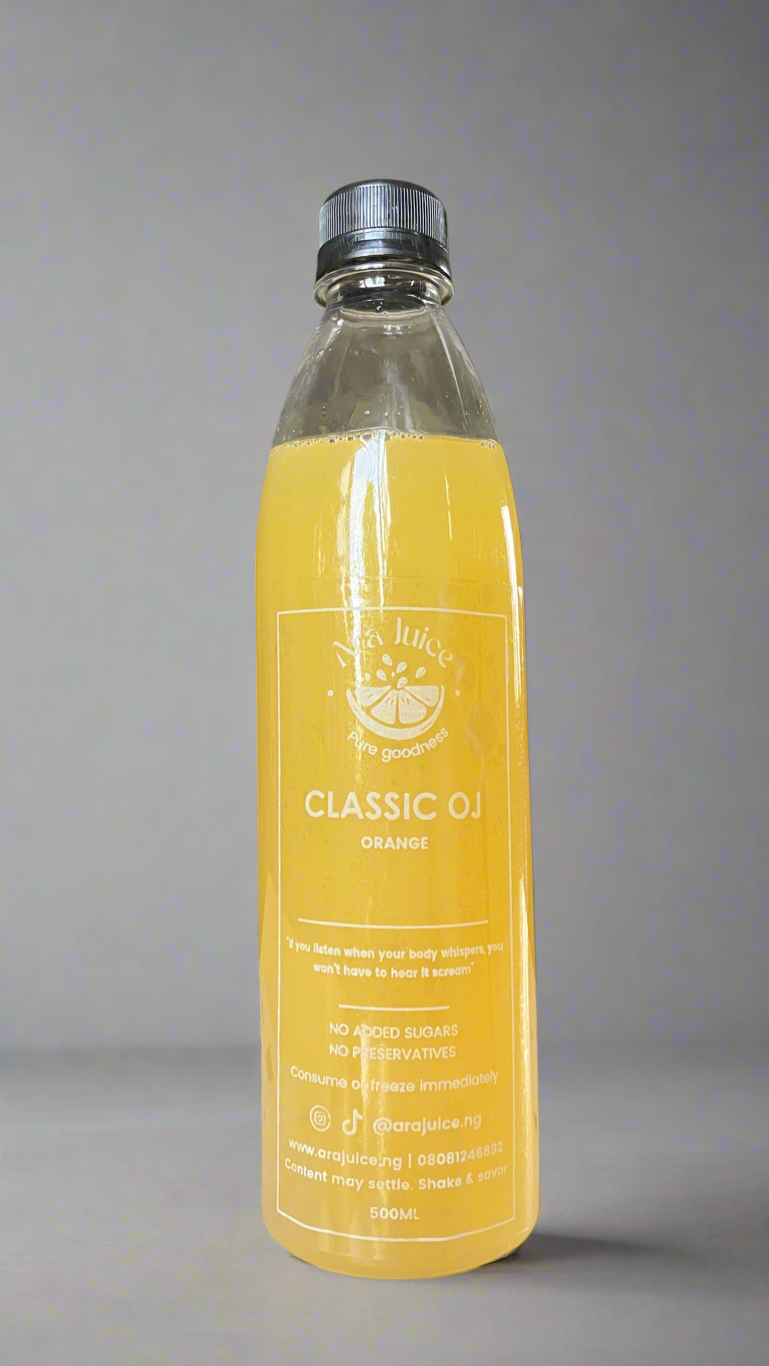 Bottle of pur orange juice by Ara Juice