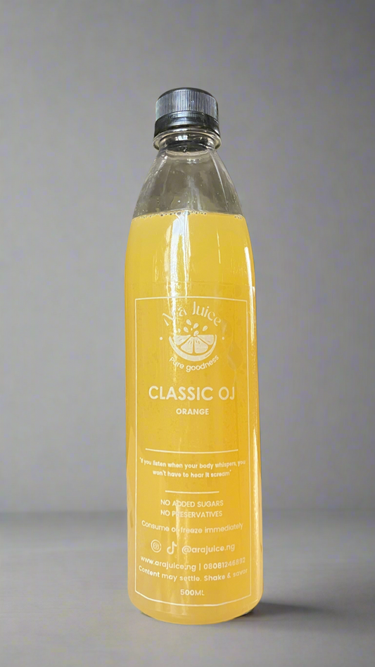 Bottle of pur orange juice by Ara Juice