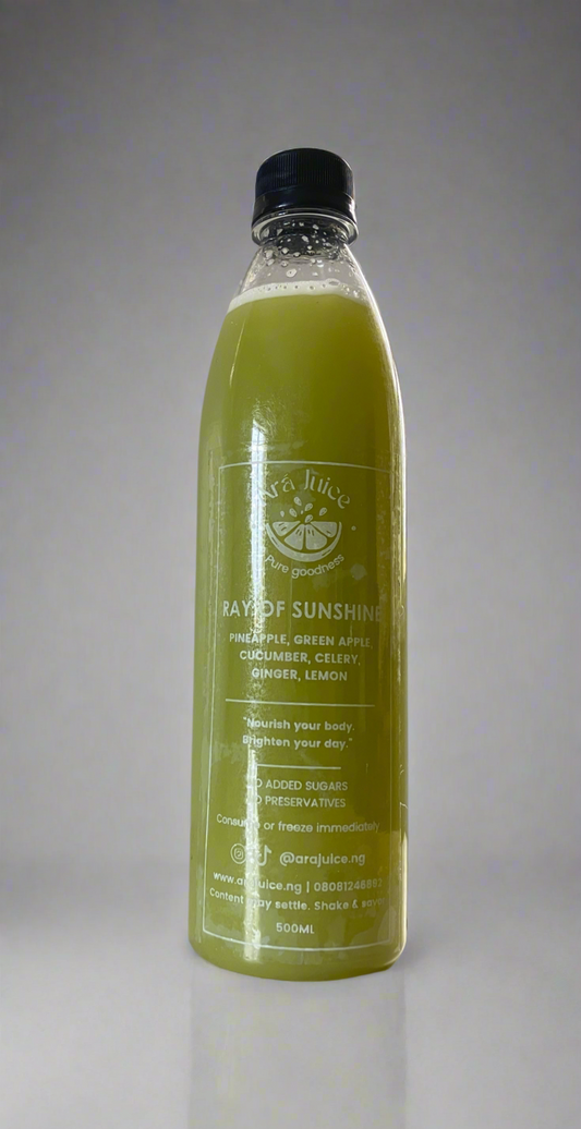 Bottle of fresh pineapple, celery, apple, ginger, cucumber and lemon fresh fruit juice